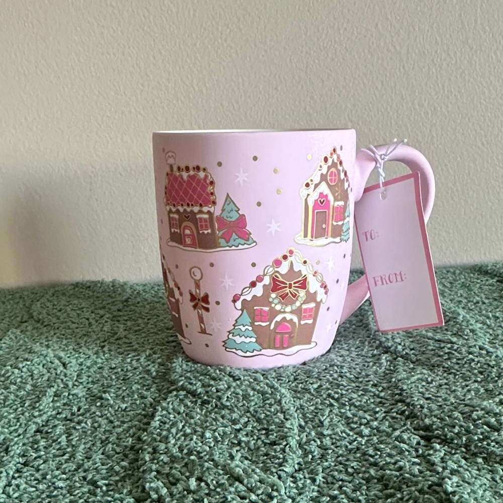 Peppermint & Pine Pink Gingerbread House 🏠 Mug Red Bow Soft Touch Holiday NEW!